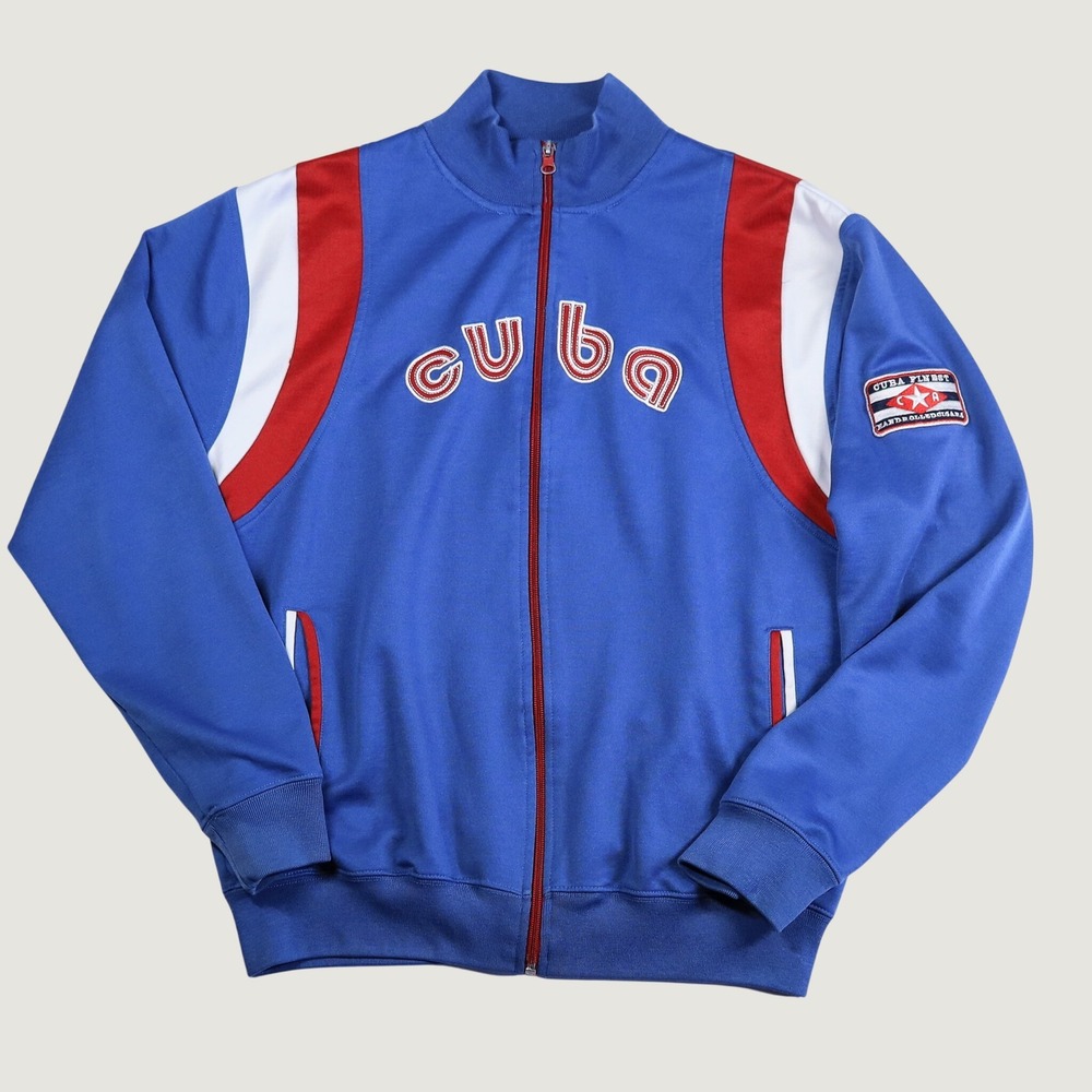 Point Zero Track Jacket Mens Medium Blue Cuba Embroidered Full Zip Colorblock